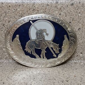 Vtg End Of The Trail Belt Buckle Inlaid Full Moon & Midnight Blue Sky 4"×3"